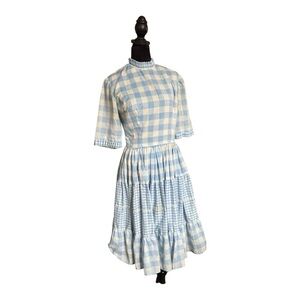 VTG 60s Blue and White Gingham Fit n Flare Dress pleaded collar‎ size medium